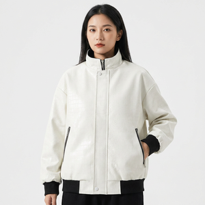 <b>Men's</b> <b>White</b> <b>Jacket</b> Stand Collar Zipper Casual Autumn Style Regular Fit Embossed Texture Solid Color - Product Image 2