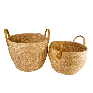 Paniers de rangement ronds tissés à la main en jonc de mer 100% naturel avec poignées en cuir, haute qualité, écologiques, personnalisables - Product Image 4