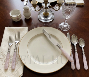 Ensemble de couverts en quartz rose, acier inoxydable, manche en résine, ensemble de 6 couverts, finition argentée brillante, vaisselle de luxe pour table à manger - Product Image 5
