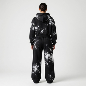 Conjunto de Sudadera con Capucha y Pantalones con Estampado Galáctico Negro para Mujer, Chaqueta Corta con Cremallera, Pantalones Deportivos de Pierna Ancha, Estilo Grunge Oversize, Atuendo Combinado - Product Image 4