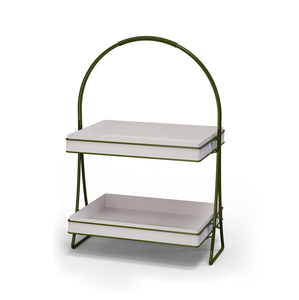 Rectangular Two-Tier Serving Tray <b>Set</b> With Green Metal Frame White <b>Plastic</b> Trays Reusable For Dessert <b>Tea</b> Party - Product Image 1