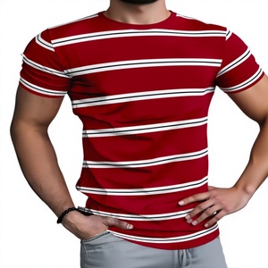 Men's Red Striped Short Sleeve O-Neck Jersey T-Shirt Regular Fit Casual Knitted 220g Regular Length 100% Cotton Breathable - Product Image 5