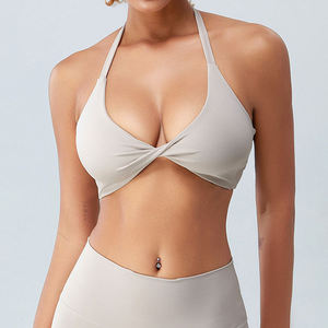 Soutien-gorge de sport sans couture pour femme, dos croisé, col en V profond, maintien moyen, haut de yoga, couleur unie, Spandex Polyester - Product Image 1