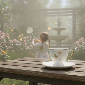 Ensemble tasse et soucoupe à café en céramique dorée avec motif fille aux ailes et papillon, bordure et anse dorées - Product Image 2
