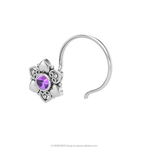Piercing de nez en argent sterling 925 avec améthyste ronde, style indien, pour femmes et jeunes filles (pour nez percé) - Product Image 3