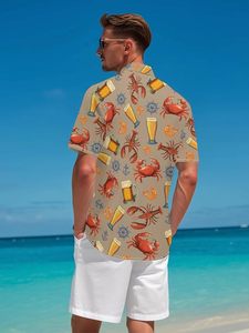 Chemise Hawaïenne Homme Manches Courtes Imprimé Bière et Crabe Chemises de Vacances Été Respirante Col Rabattu Popeline Polyester - Product Image 4