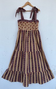 Women Beige Striped Floral Cotton Maxi Dress Tie Shoulder Tiered <b>Summer</b> Wholesale - Product Image 1