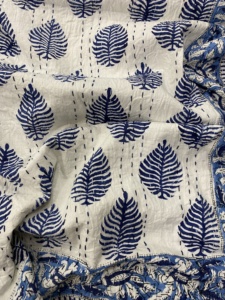 Silkgram Hand Block Printed Cotton Kantha <b>Quilt</b> Foliage Pattern Blue White Home Decor <b>Throw</b> Blanket All-Season Eco-Friendly - Product Image 1