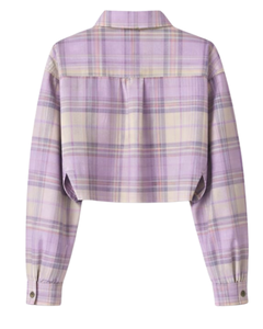 Chemisier court personnalisé à carreaux lavande pour femme, col rabattu, manches longues, boutonné, style décontracté, fabricant OEM - Product Image 5