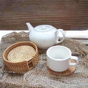 Handwoven Gold Plated Mirror Finish Rattan Coaster <b>Round</b> Natural Radiating Weave Pattern Eco Friendly <b>Table</b> Mat for Home Decor - Product Image 4