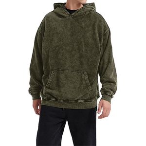 Green Acid Wash Pullover Hoodie Men Streetwear Boxy Fit Drop Shoulder <b>Distressed</b> Soft Cotton Heavyweight Apparel <b>Top</b> - Product Image 3