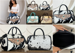 <b>Large</b> Handmade Western Tooled Leather Cowhide Speedy Bag Floral Carved with Turquoise <b>Stone</b> Cowgirl Travel Duffel Overnight Bags - Product Image 3