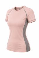 Haut de compression à manches courtes rose pour femme, séchage rapide, color block, en Spandex et Polyester, idéal pour l'entraînement