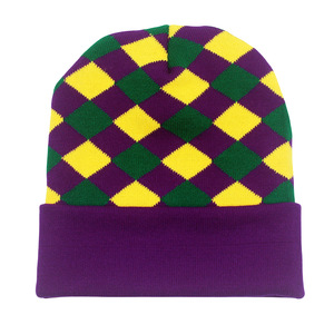 Bonnet unisexe pour le Mardi Gras, à carreaux et rayures, violet, vert, jaune, en acrylique, bonnet d'hiver pour fête, taille adulte 56-58CM - Product Image 3