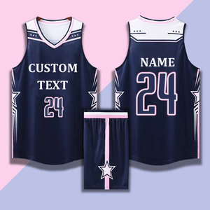 Ensemble de maillots de basket-ball sublimés personnalisés, design étoile bleu marine et rose, débardeur sans manches et short unisexe pour adulte, anti-transpiration, taille 24 - Product Image 5