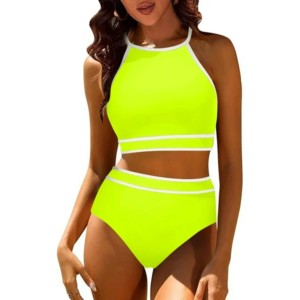 Ensemble de maillot de bain sportif 2 pièces pour femme, color-block, col rond, sans manches, court, en Spandex/Polyester, écologique, respirant, séchage rapide - Product Image 1