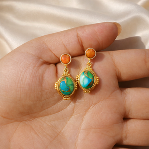 Boucles d'oreilles pendantes artisanales en turquoise bleue et turquoise orange, en argent sterling 925, style bohème |   Bijoux Artisanaux - Product Image 3