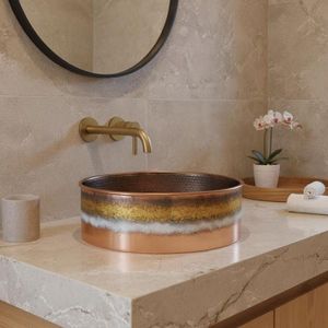 Grand lavabo vasque simple en cuivre martelé, finition satinée brossée, de luxe moderne, fait main, pour salle de bain - Product Image 3