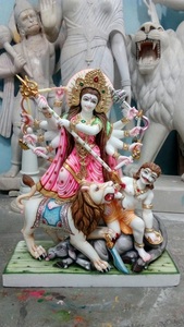 Diosa Durga Maa Idol, diosa de mármol blanco indio, colorido Murti sonriente sentado en el león, PARA ADORACIÓN decorativa con la mano - Product Image 3