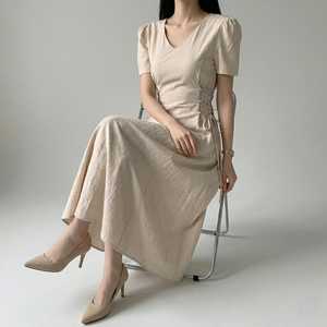 Vestido Maxi de Lino para Mujer, Cuello en V, Manga Abullonada, Silueta Evase, Cordones Laterales en la Cintura, Verano, Casual, Elegante, Liso, Teñido Natural - Product Image 1