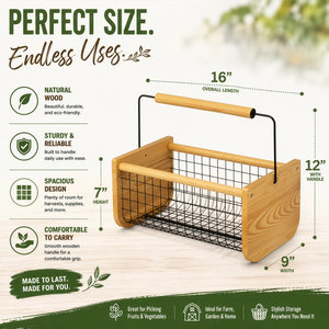 Panier en fil de fer en bois de pin naturel avec poignée en bois, chariot de rangement portable pour produits frais - Product Image 3