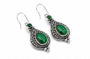 Boucles d'oreilles pendantes en argent sterling 925 avec malachite, pierre précieuse verte, filigrane, faites à la main, bijoux statement pour femmes - Product Image 1