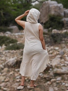 Handcrafted Cotton Hooded Dress Of-White Sleeveless Midi Dress Eco-Friendly Bohemian Summer Dress Organic Khadi Cotton Dress - Product Image 4