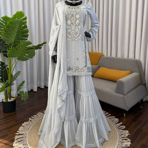 Ramdev Trading Ensemble Sharara en Georgette Rouge avec Broderie Argentée, Tenue de Mariée Bollywood, 3 Pièces, Designer Antra, Séchage Rapide, Hiver - Product Image 1