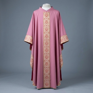 Casulla semigótica rosa premium de brocado damasco con orfebre, vestimenta litúrgica para sacerdotes católicos, traje de clérigo para misa. - Product Image 1