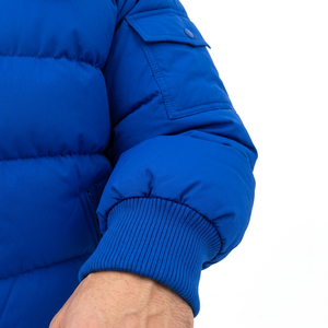 Men's Blue Hooded Puffer Jacket <b>Fur</b> <b>Trim</b> Zipper Closure Windproof Winter Streetwear Breathable Cotton Filled Solid Color Regular - Product Image 4