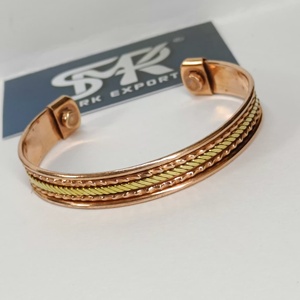 Premium Metal Craft Magnetic Copper Cuff <b>Bangle</b> Two Tone Braided Inlay Design Adjustable Open Bracelet Handmade - Product Image 1