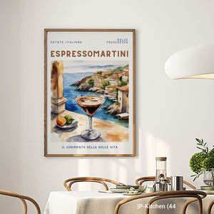 Impresión de Cocina con Vista Costera Mediterránea, Paisaje de Balcón de la Costa de Amalfi, Espresso Martini, Estilo de Póster de Viaje Moderno y Vintage - Product Image 2