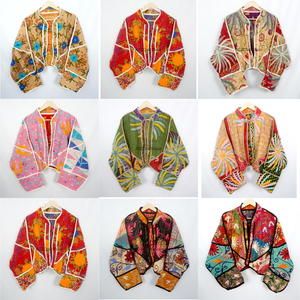 100% Cotton <b>Kantha</b> Autumn/Winter Eco-Friendly Handmade Floral Printed Open Quilted Embroidered Detail Woven Knitted <b>Jacket</b> - Product Image 1