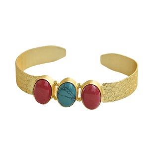 Gold Plated Cuff <b>Bracelet</b> With Coral and Turquoise Oval Stones Bohemia Style Unisex Jewelry Imitation stones - Product Image 6