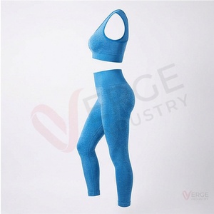 <b>Women</b> <b>Seamless</b> Ribbed Yoga Set 2 Piece Scoop Neck Racerback Crop Top High Waist Long <b>Leggings</b> Blue - Product Image 4