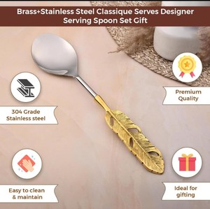 Ensemble de couverts de luxe avec manche en plumes – Ensemble de cuillères de service en acier inoxydable avec motif feuille d'or pour la salle à manger et la table - Product Image 2