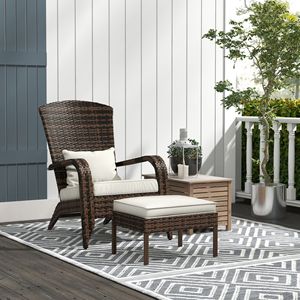 Sedia Adirondack con schienale alto e seduta ampia, in vimini, con cuscini bianco crema per esterni, terrazza con braciere o giardino - Product Image 2