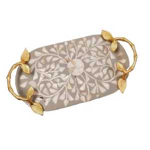 Bohemian MOP Inlay Serving Storage Tray With Metal Handles Rounded <b>Coffee</b> <b>Table</b> Serving Breakfast Vanity Tray For Homes Hotels - Product Image 4