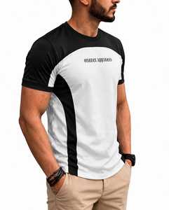 T-shirt décontracté pour homme en coton 100% respirant, à manches courtes, col rond, avec blocs de couleur noir et blanc, tricoté à l'avant - Product Image 3