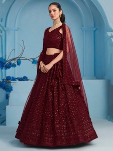 Conjunto de Lehenga Maxi de Satén con Encaje Borgoña, Corte en A, Sin Mangas, Bordado, Vestido de Noche de Dos Piezas con Dupatta de Tela de Red, para Banquetes y Bodas - Product Image 2