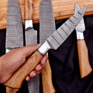 LEGACY BLADES Best Selling Damascus <b>Knife</b> <b>Set</b> 5 Piece Wooden Handle Hand Forged Kitchen Chef <b>Knives</b> with Leather Roll Bag - Product Image 3