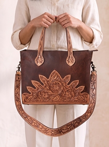 Bolso Tote de Cuero Genuino Personalizado, Hecho a Mano, Anti-Robo, para Mujer, con Cierre de Cremallera con Diseño Floral en Relieve, para Compras - Product Image 4