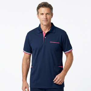 Polo à manches courtes bleu marine pour homme avec détails roses et poches, style décontracté tissé - Product Image 4