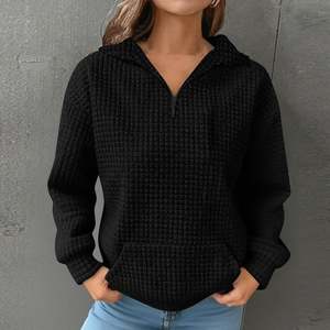 OEM 3/4 Zip Mock Neck Women Long Sleeve Drop Shoulder Waffle Knitted Pullover Solid Warm Fall Winter Sweatshirts with Pockets - Product Image 5