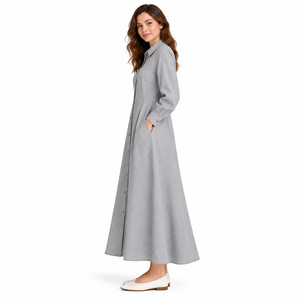 Women Simple Solid Woven Long Sleeve Button Down Shirt <b>Dress</b> Casual Loose Fit Collared <b>Maxi</b> <b>with</b> <b>Pockets</b> Wholesale OEM ODM - Product Image 2