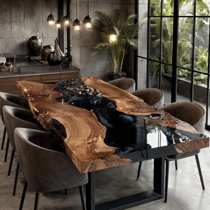 Table à manger en bois d'acacia à bord naturel et résine époxy - Table à manger rectangulaire en bois massif sur mesure pour la maison, le bureau, l'hôtel, le salon, Diwali - Product Image 4
