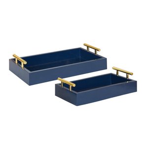 Elegante Juego de Bandejas de Servir de Madera Azul con Asas de Metal Dorado, Juego de Bandejas Decorativas Rectangulares, Organizador Moderno para el Hogar - Product Image 1