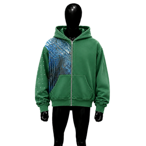 Sweat à capuche zippé vert respirant et oversize, style streetwear décontracté, essentiel urbain, élégant, en polaire, polyester, imprimé, manches classiques - Product Image 1