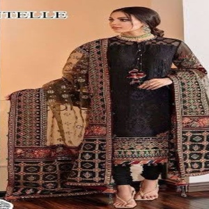 ผ้าจอร์เจตต์คุณภาพพรีเมียมพิเศษสำหรับเทศกาลอีด พร้อมชุดซัลวาอาร์-คามีซปักลายและผ้าคลุมไหล่  ผู้จัดจำหน่ายวัสดุจากเมืองสุรัต - Product Image 1