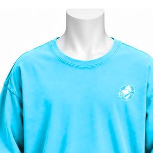 Camiseta de algodón oversize de manga larga con cuello redondo y hombros caídos, lavado vintage, estilo casual streetwear, corte holgado, para uso diario, color cian. - Product Image 3